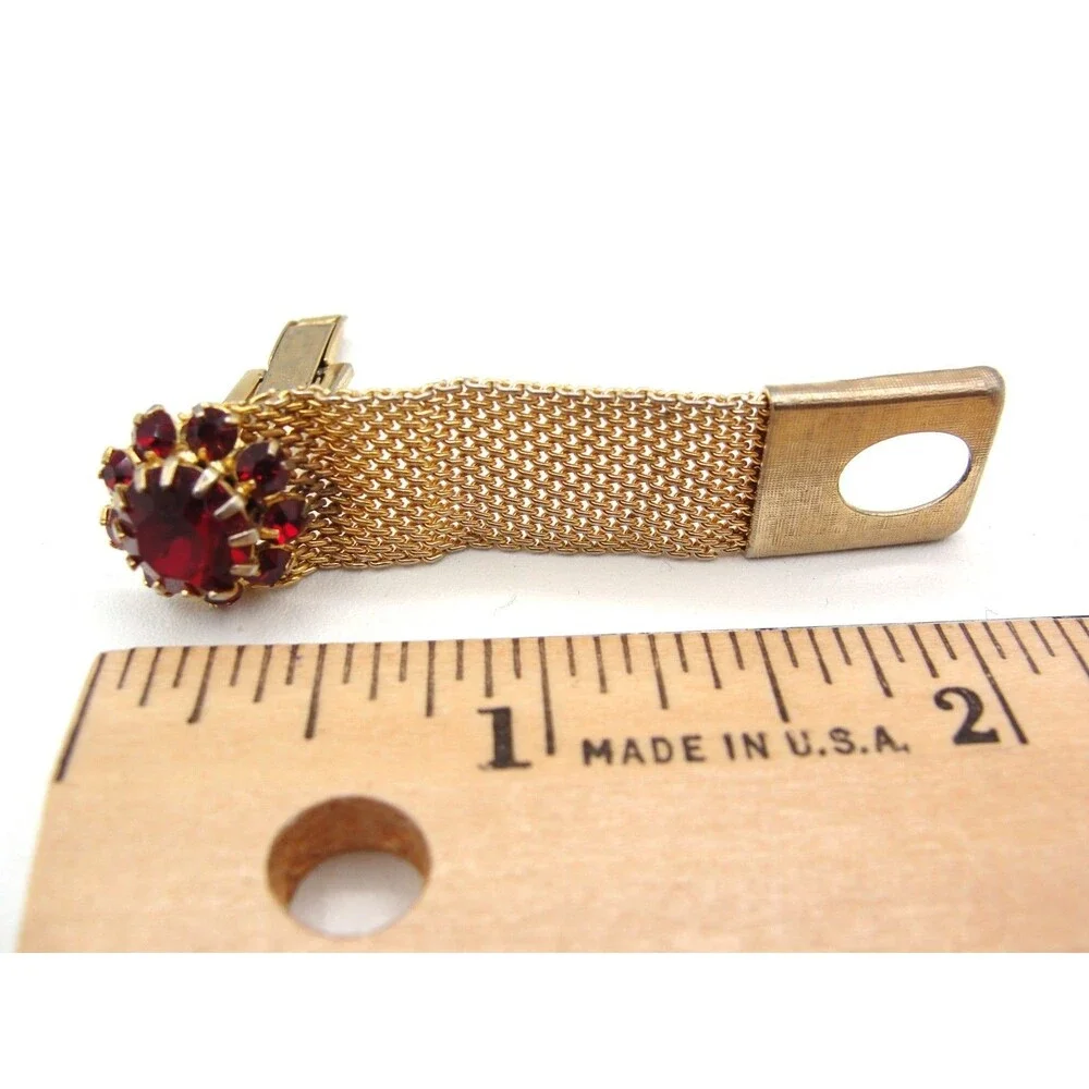 Vintage Ruby Red Rhinestone Mesh Wrap Around Cufflinks Gold Tone Mid Century